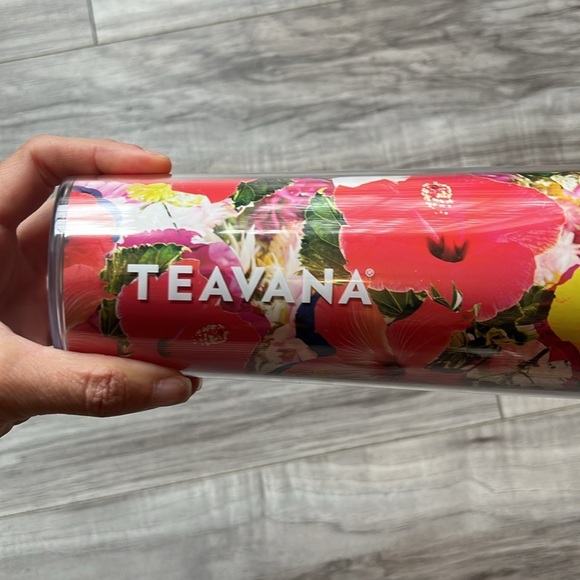 Teavana 20 ounce tumbler straw pink floral hibiscus flowers red green cup - Picture 2 of 6